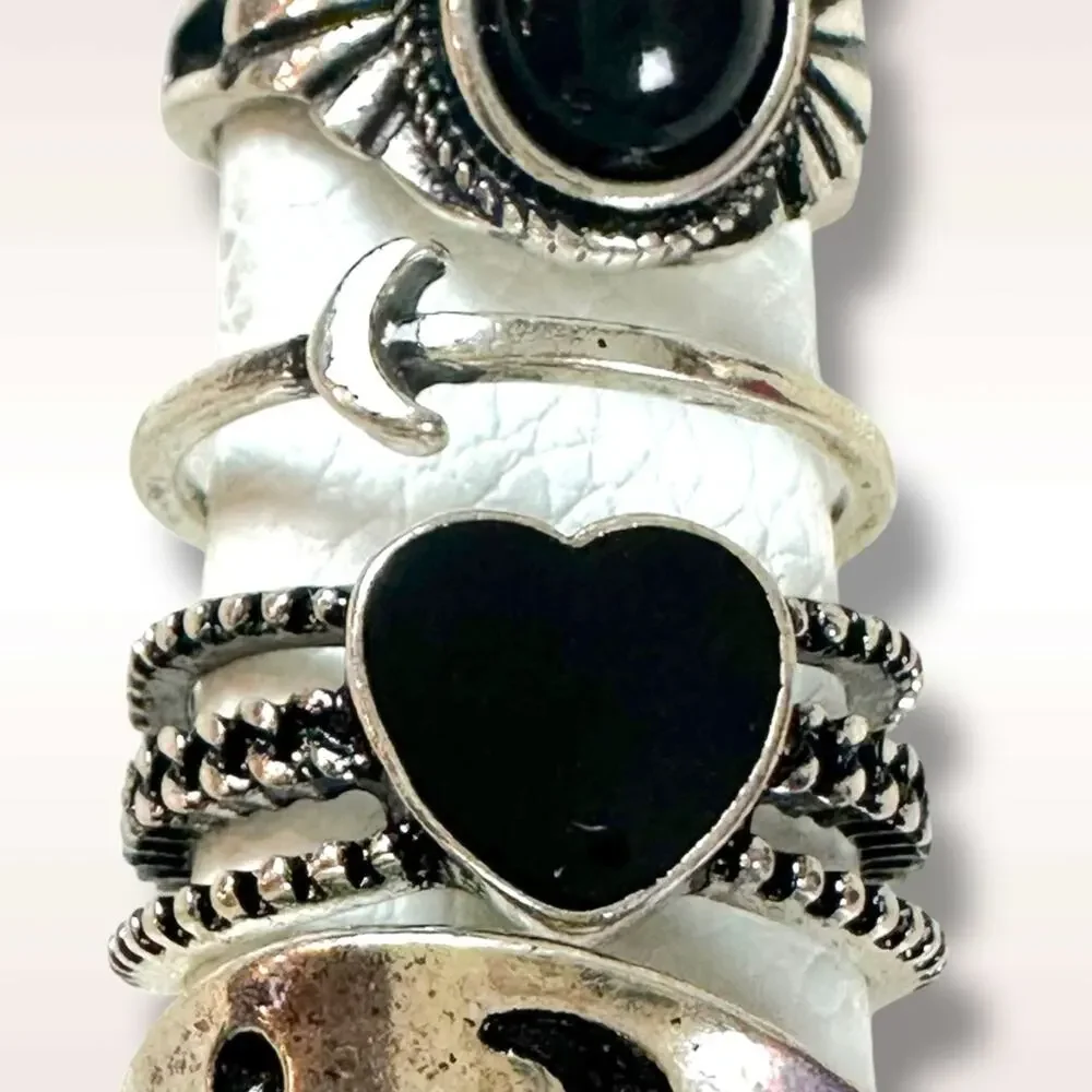 Free People Celestial Western Bohemian Ring Set Silver Onyx Snake Moon Star NWT